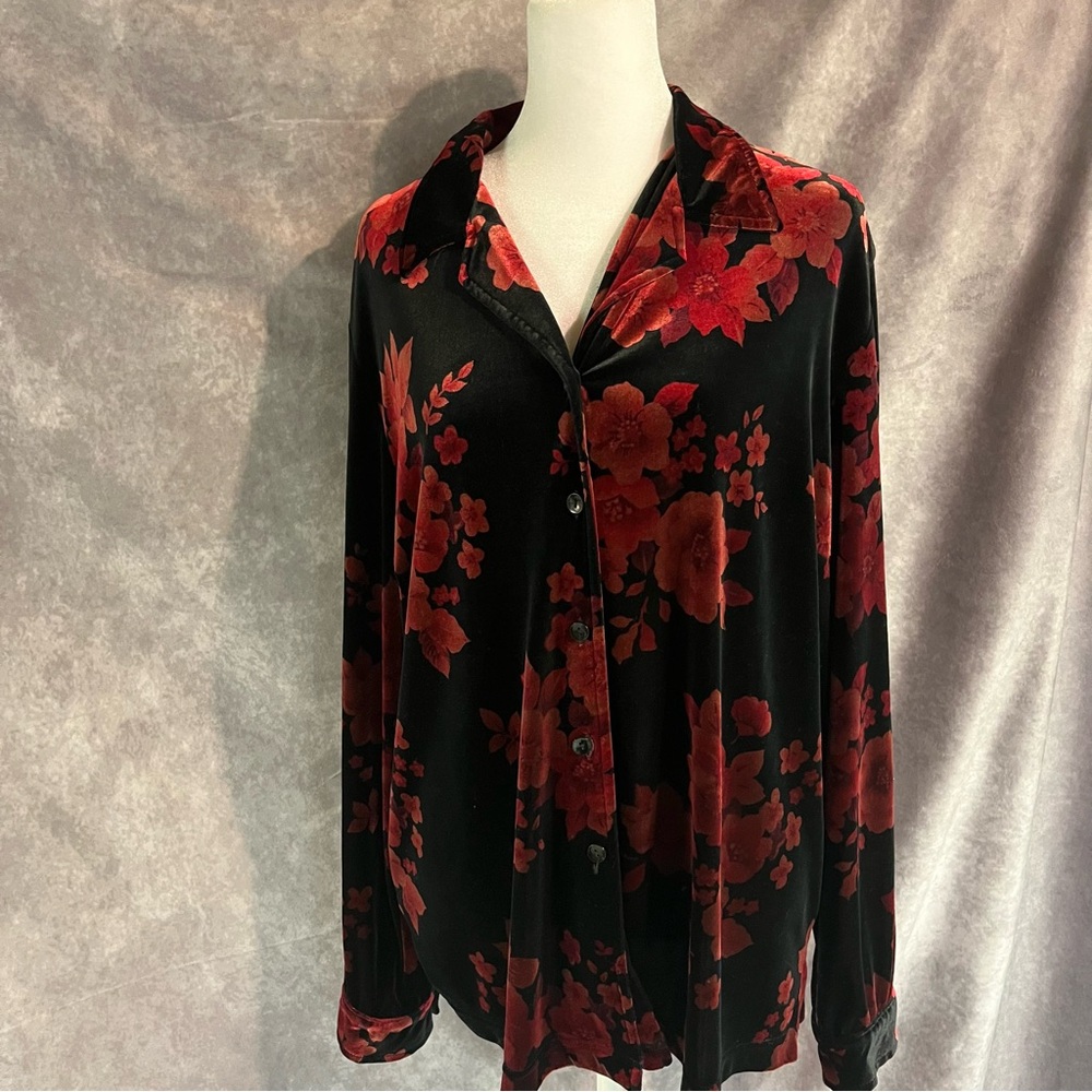 Sag Harbor Floral‎ Velvet Button-Up Shirt Shiny Vintage Retro Party XL - Picture 2 of 16